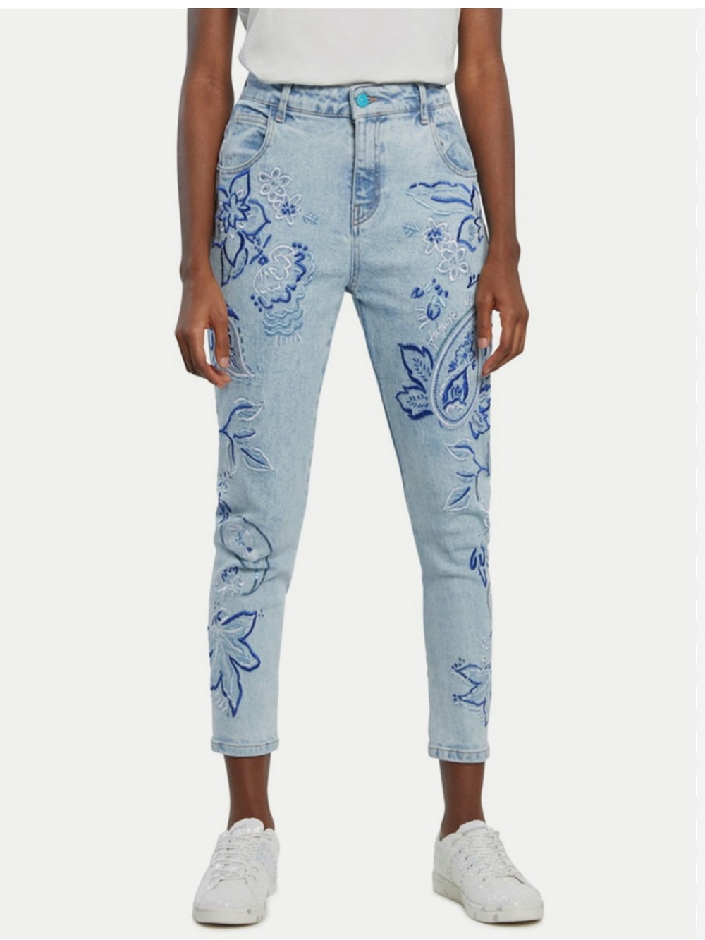 Desigual Light Blue High-Rise Cropped Jeans with Blue Floral Embroidery